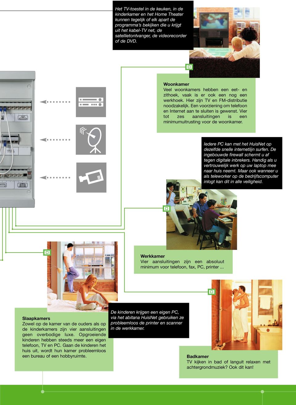 Een voorziening om telefoon en Internet aan te sluiten is gewenst. Vier tot zes aansluitingen is een minimumuitrusting voor de woonkamer.