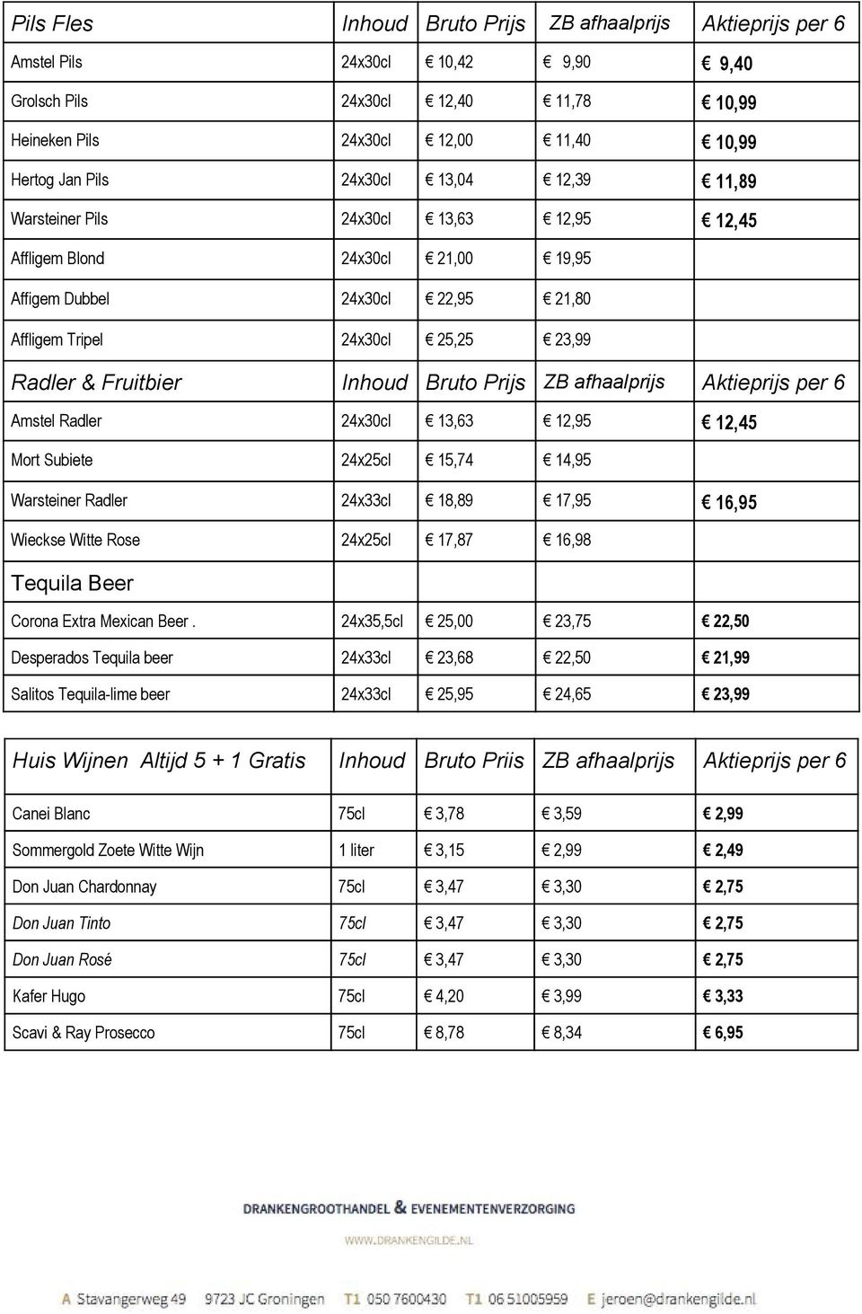 Prijs ZB afhaalprijs Aktieprijs per 6 Amstel Radler 24x30cl 13,63 12,95 12,45 Mort Subiete 24x25cl 15,74 14,95 Warsteiner Radler 24x33cl 18,89 17,95 16,95 Wieckse Witte Rose 24x25cl 17,87 16,98