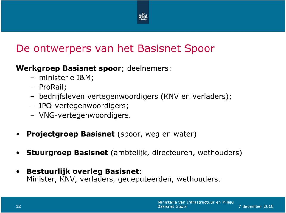 Projectgroep Basisnet (spoor, weg en water) Stuurgroep Basisnet (ambtelijk, directeuren, wethouders)