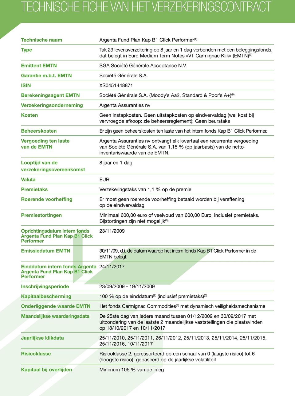 ent EMTN Garantie m.b.t. EMTN ISIN Tak 23 levensverzekering op 8 jaar en 1 dag verbonden met een beleggingsfonds, dat belegt in Euro Medium Term Notes «VT Carmignac Klik» (EMTN) (3) SGA Société Générale Acceptance N.