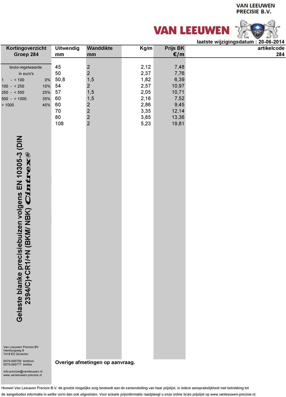 precisiebuizen volgens EN 10305-3 (DIN Overige afmetingen op aanvraag. Hoewel Va