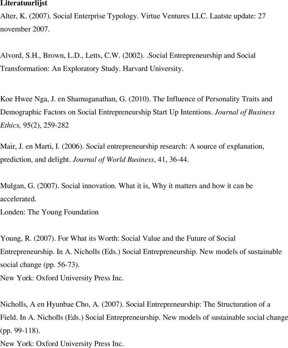 The Influence of Personality Traits and Demographic Factors on Social Entrepreneurship Start Up Intentions. Journal of Business Ethics, 95(2), 259-282 Mair, J. en Marti, I. (2006).