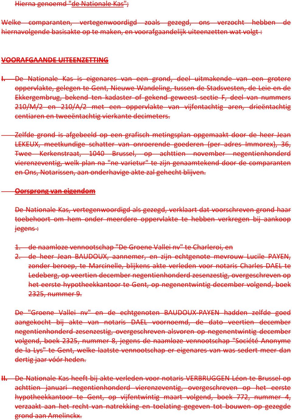 De Nationale Kas is eigenares van een grond, deel uitmakende van een grotere oppervlakte, gelegen te Gent, Nieuwe Wandeling, tussen de Stadsvesten, de Leie en de Ekkergembrug, bekend ten kadaster of