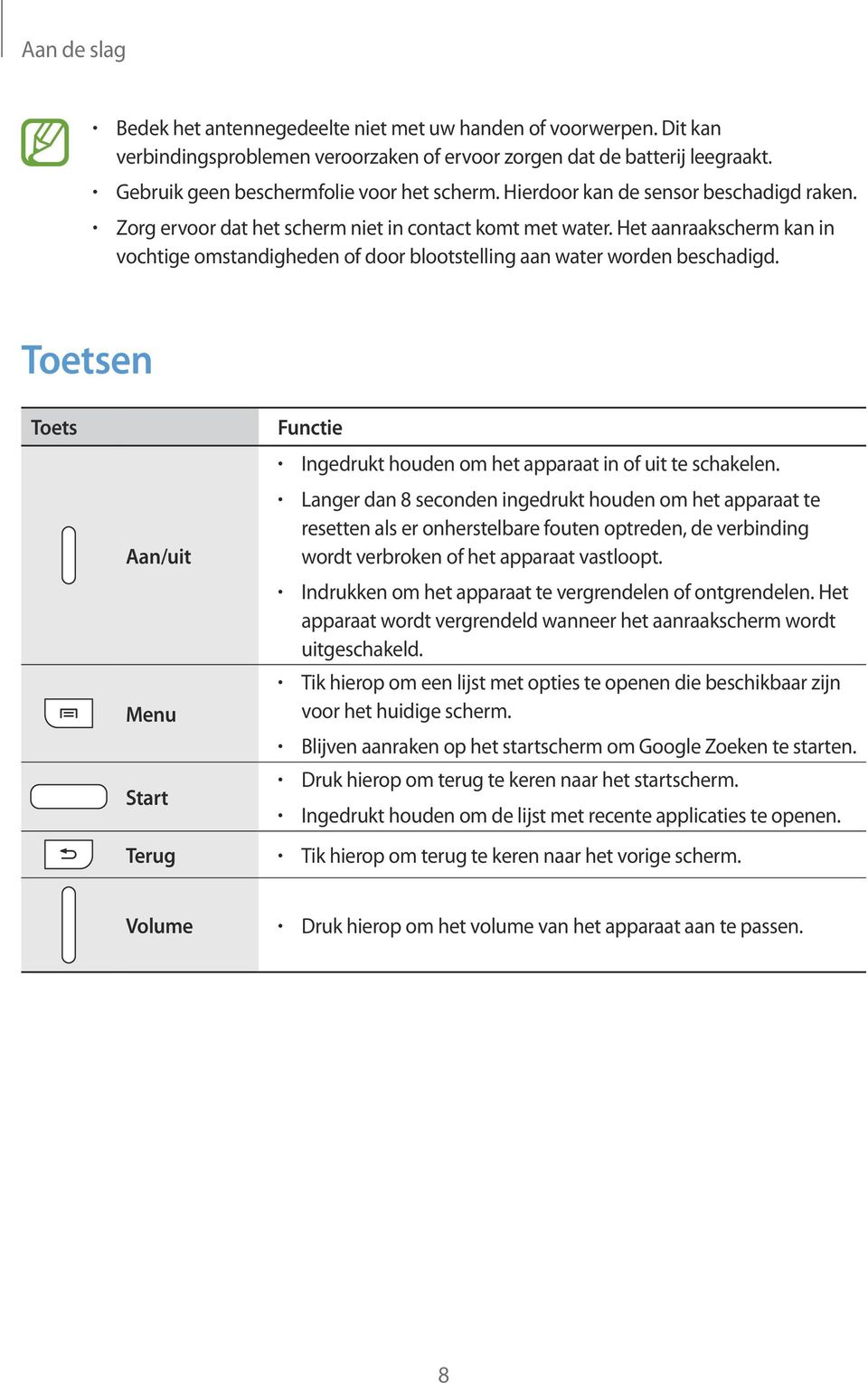 Toetsen Toets Functie Ingedrukt houden om het apparaat in of uit te schakelen.