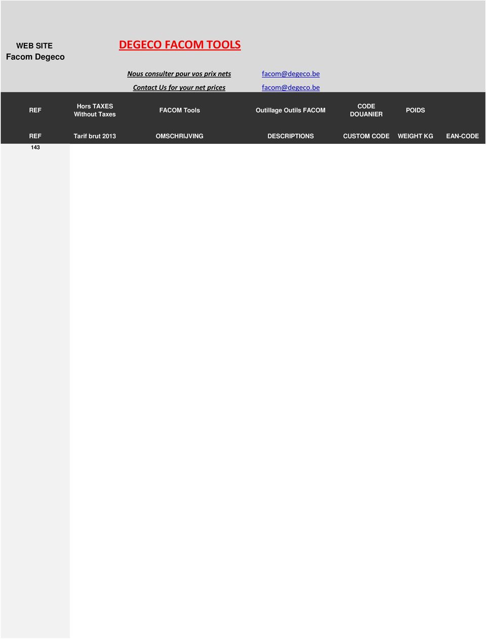 be REF Hors TAXES Without Taxes FACOM Tools Outillage Outils FACOM CODE DOUANIER POIDS REF Tarif brut 2013 OMSCHRIJVING DESCRIPTIONS CUSTOM CODE WEIGHT KG EAN-CODE 143 22,79 PINCET GEBOGEN BRUCELLES
