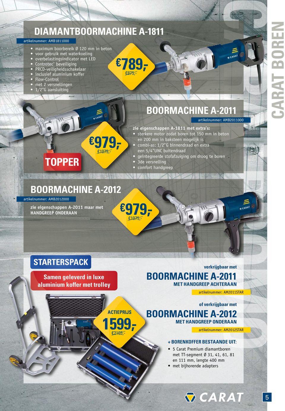 A-2011 maar met handgreep onderaan Samen geleverd in luxe aluminium koffer met trolley 789,- 875,- 979,- 075,- ACTIEPRIJS 1599,- 2103,- Boormachine A-2011 CARAT boren ARAT promo artikelnummer: