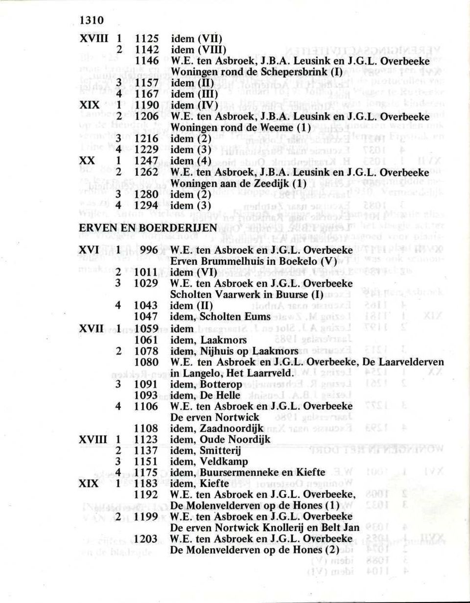 E. ten Asbroek en J.G.L. Overbeeke Erven Brummelhuis in Boekelo (V) 2 1011 idem (VI) 3 1029 W.E. ten Asbroek en J.G.L. Overbeeke Scholten Vaarwerk in Buurse (I) 4 1043 idem (II) 1047 idem, Scholten Eums XVII l 1059 idem 1061 idem, Laakmors 2 1078 idem, Nijhuis op Laakmors 1080 W.