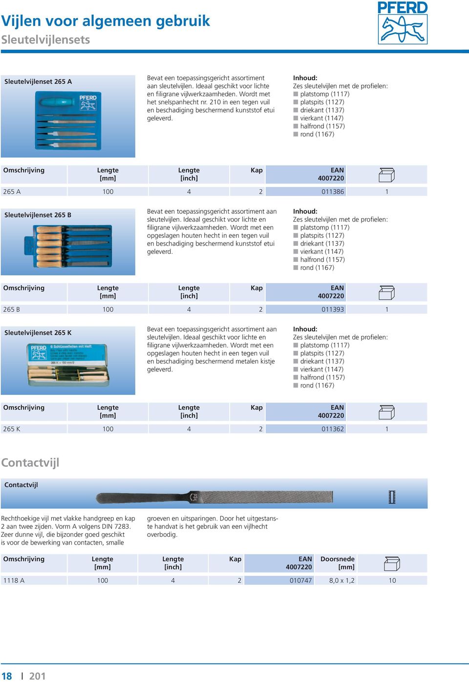Inhoud: Zes sleutelvijlen met de profielen: platstomp (1117) platspits (1127) driekant (1137) vierkant (1147) halfrond (1157) rond (1167) 265 A 100 4 2 011386 1 Sleutelvijlenset 265 B Bevat een