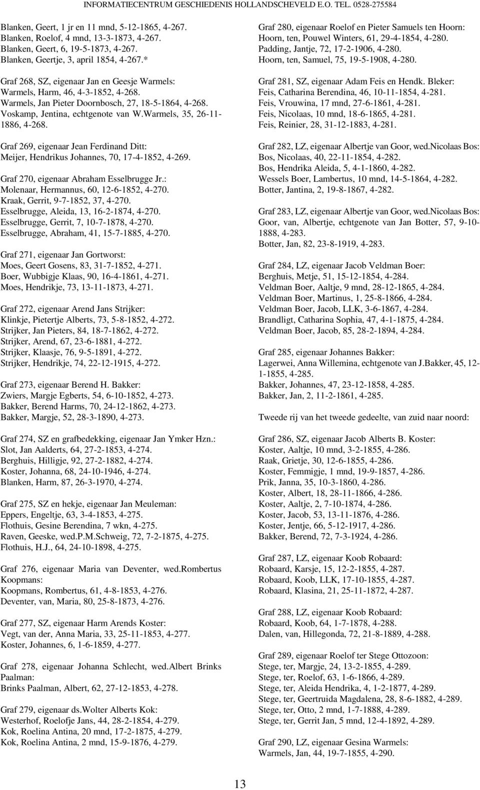 Warmels, 35, 26-11- 1886, 4-268. Graf 269, eigenaar Jean Ferdinand Ditt: Meijer, Hendrikus Johannes, 70, 17-4-1852, 4-269. Graf 270, eigenaar Abraham Esselbrugge Jr.