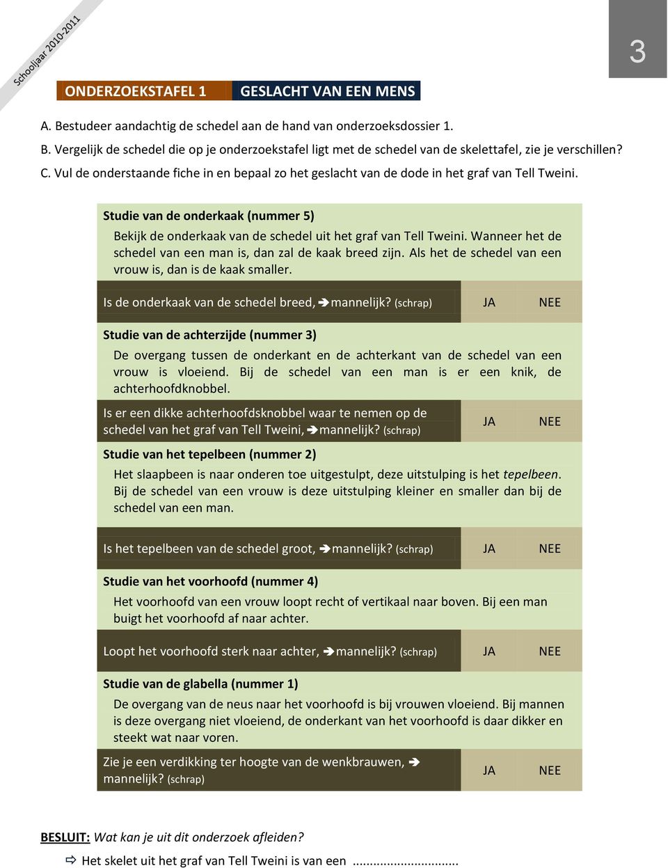 Wanneer het de schedel van een man is, dan zal de kaak breed zijn. Als het de schedel van een vrouw is, dan is de kaak smaller. Is de onderkaak van de schedel breed, mannelijk?