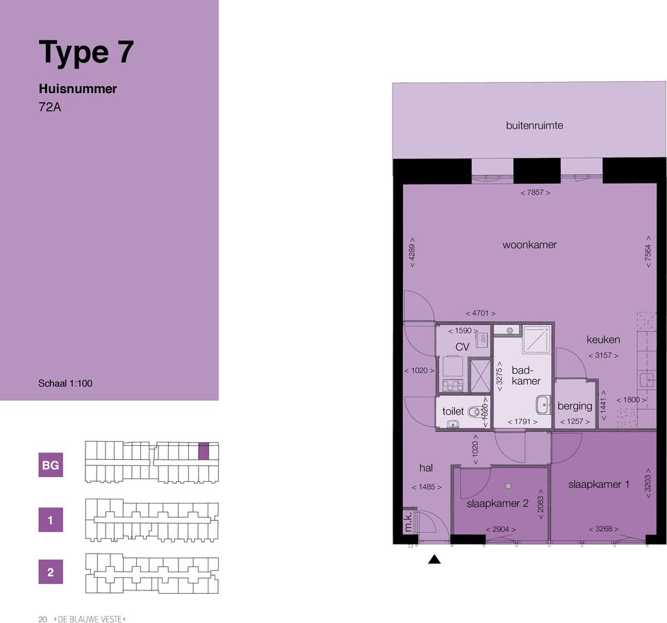 1:100 < 1590 > CV badkamer keuken < 3157 > berging < 1791 > < 1257