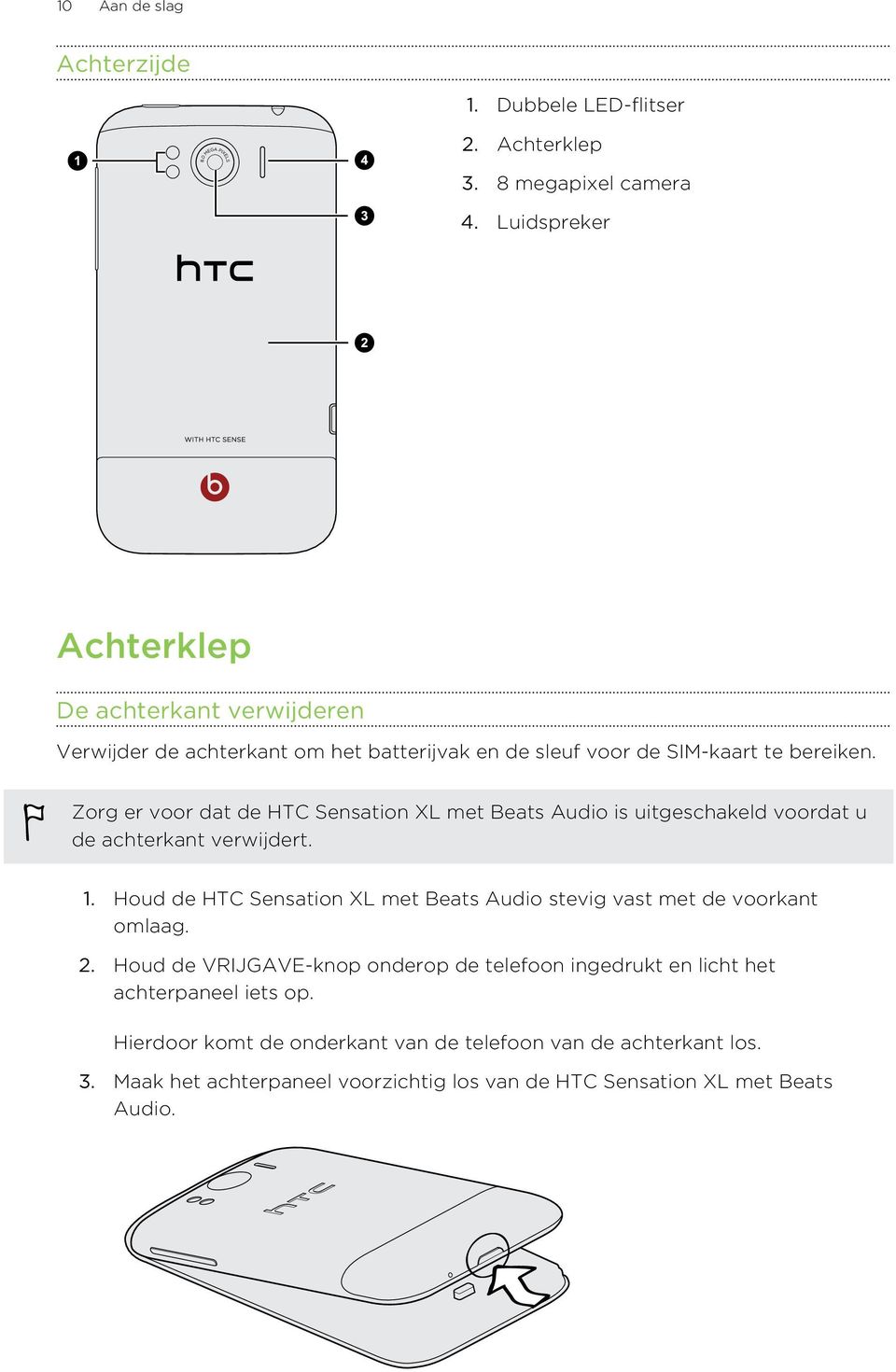 Zorg er voor dat de HTC Sensation XL met Beats Audio is uitgeschakeld voordat u de achterkant verwijdert. 1.