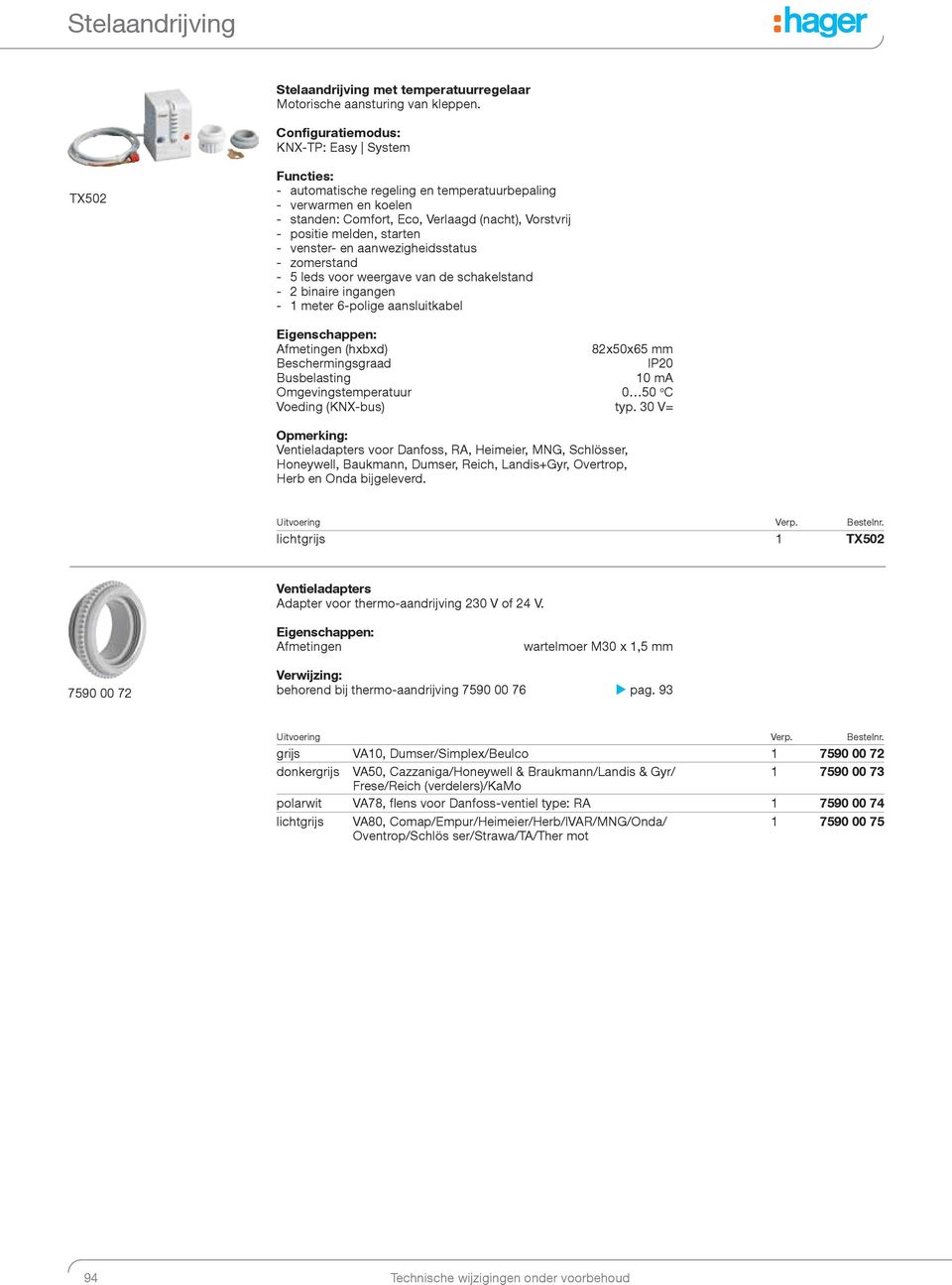 aanwezigheidsstatus - zomerstand - 5 leds voor weergave van de schakelstand - 2 binaire ingangen - 1 meter 6-polige aansluitkabel Afmetingen (hxbxd) 82x50x65 mm IP20 10 ma 0 50 o C Ventieladapters