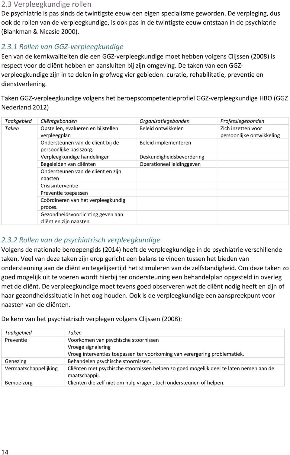 1 Rollen van GGZ-verpleegkundige Een van de kernkwaliteiten die een GGZ-verpleegkundige moet hebben volgens Clijssen (2008) is respect voor de cliënt hebben en aansluiten bij zijn omgeving.