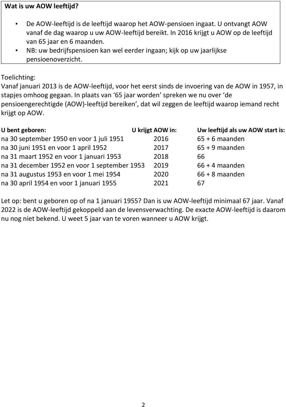 Vanaf januari 2013 is de AOW-leeftijd, voor het eerst sinds de invoering van de AOW in 1957, in stapjes omhoog gegaan.