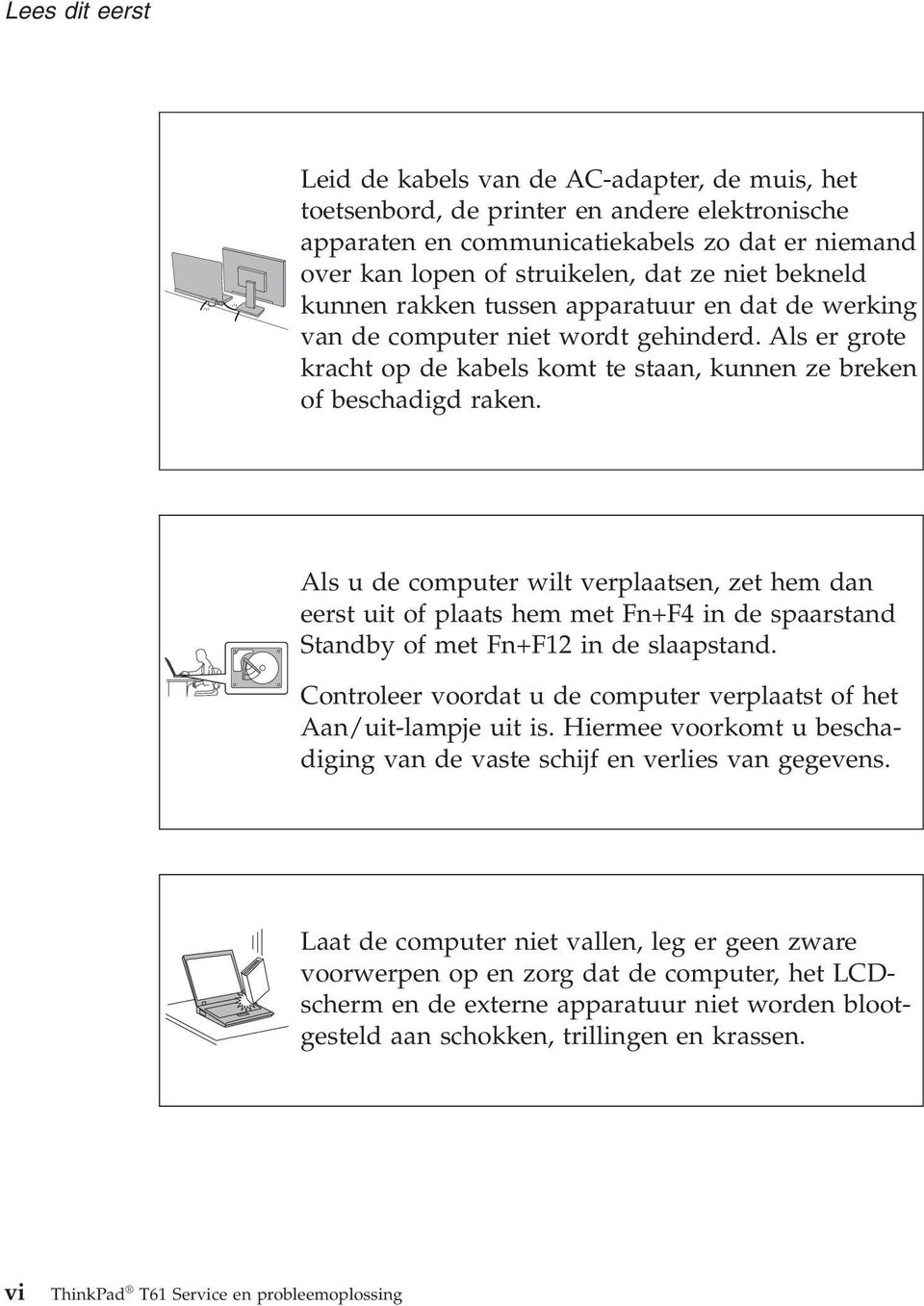 Als u de computer wilt verplaatsen, zet hem dan eerst uit of plaats hem met Fn+F4 in de spaarstand Standby of met Fn+F12 in de slaapstand.