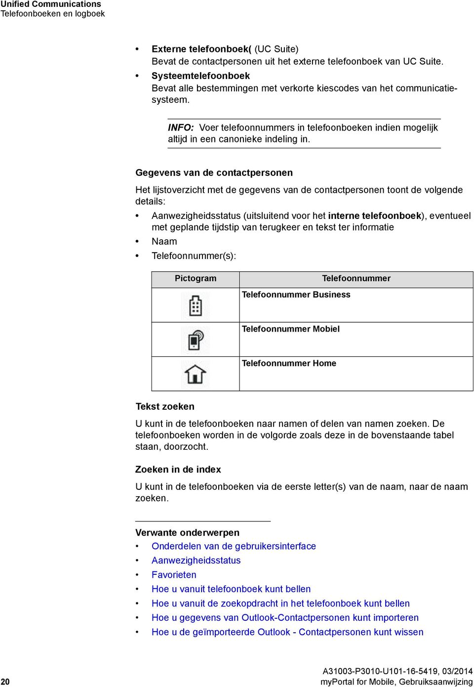 Gegevens van de contactpersonen Het lijstoverzicht met de gegevens van de contactpersonen toont de volgende details: Aanwezigheidsstatus (uitsluitend voor het interne telefoonboek), eventueel met