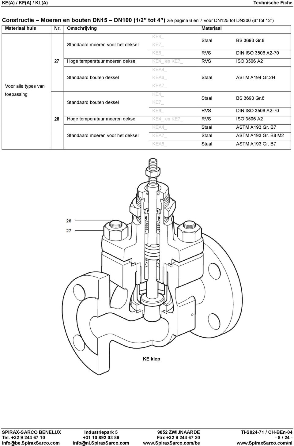 8 KE6_ RVS DIN ISO 3506 A270 27 Hoge temperatuur moeren deksel KE4_ en KE7_ RVS ISO 3506 A2 Standaard bouten deksel KEA4_ KEA6_ Staal ASTM A194 Gr.