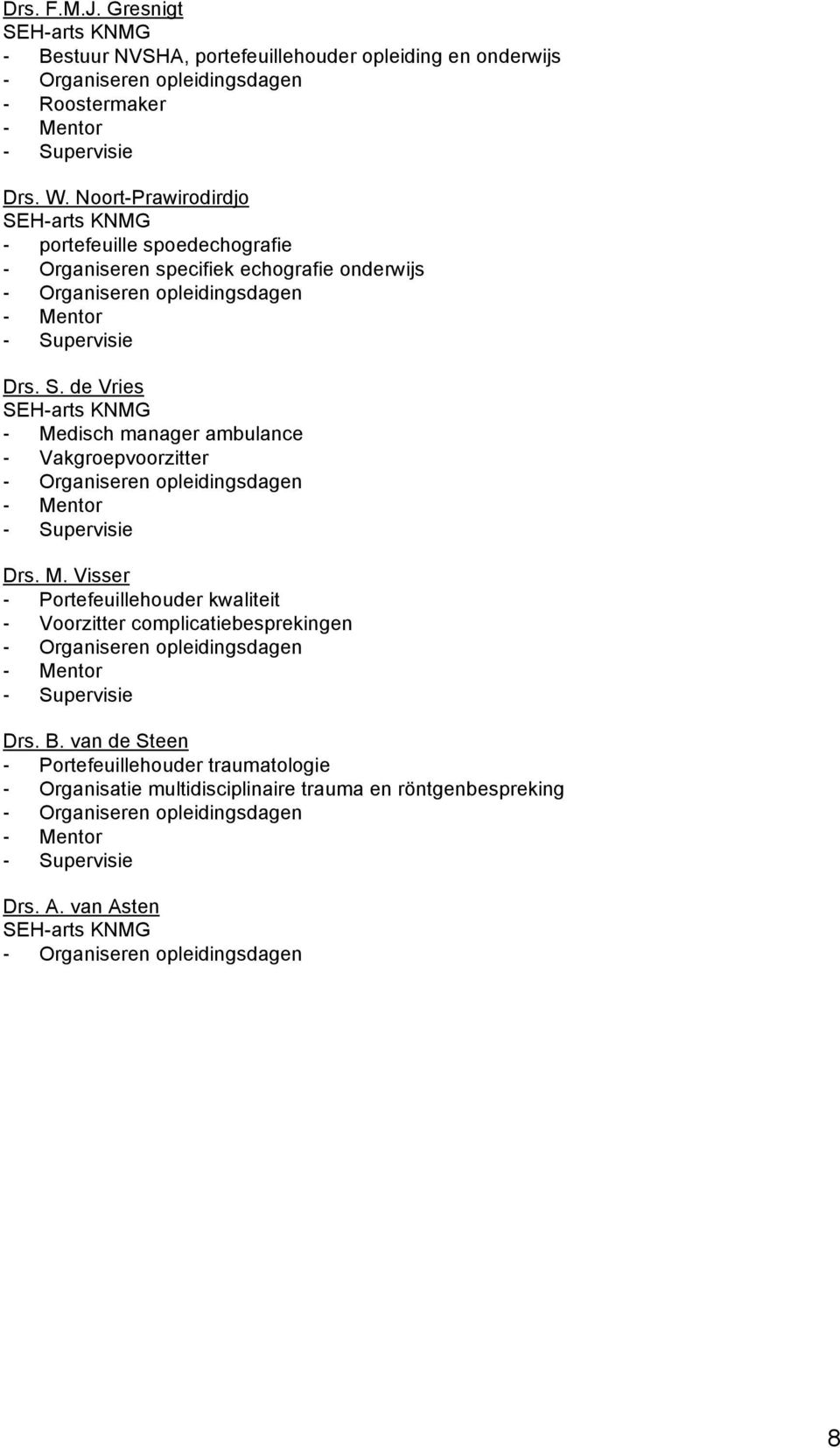 M. Visser - Portefeuillehouder kwaliteit - Voorzitter complicatiebesprekingen - Organiseren opleidingsdagen - Mentor - Supervisie Drs. B.