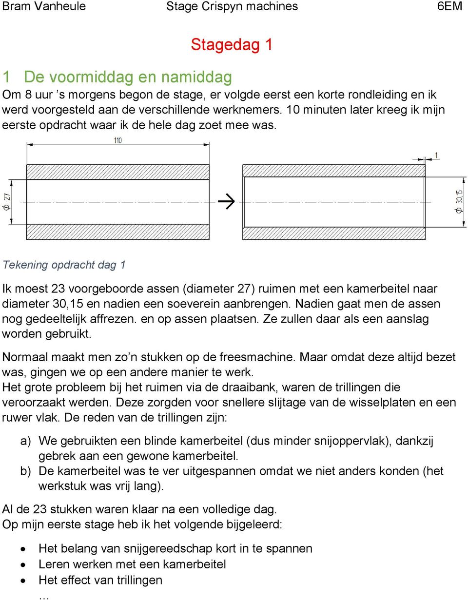 Tekening opdracht dag 1 Ik moest 23 voorgeboorde assen (diameter 27) ruimen met een kamerbeitel naar diameter 30,15 en nadien een soeverein aanbrengen.