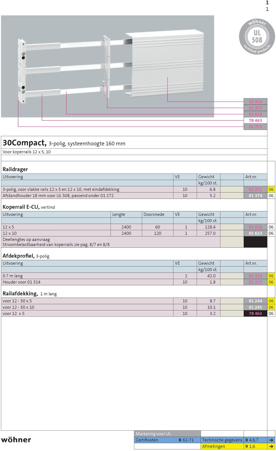 2 01 374 06 Koperrail E-CU, vertind Uitvoering Lengte Doorsnede VE Gewicht Art.nr. kg/100 st. 12 x 5 2400 60 1 128.4 01 618 06 12 x 10 2400 120 1 257.