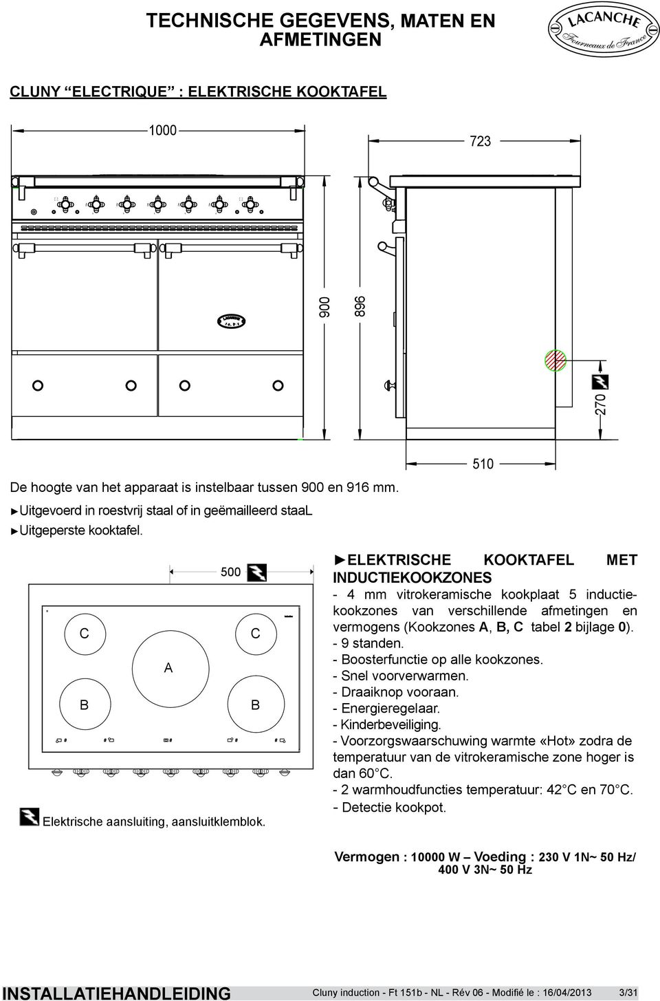 ELEKTRISCHE KOOKTAFEL MET INDUCTIEKOOKZONES - 4 mm vitrokeramische kookplaat 5 inductiekookzones van verschillende afmetingen en vermogens (Kookzones A, B, C tabel 2 bijlage 0). - 9 standen.