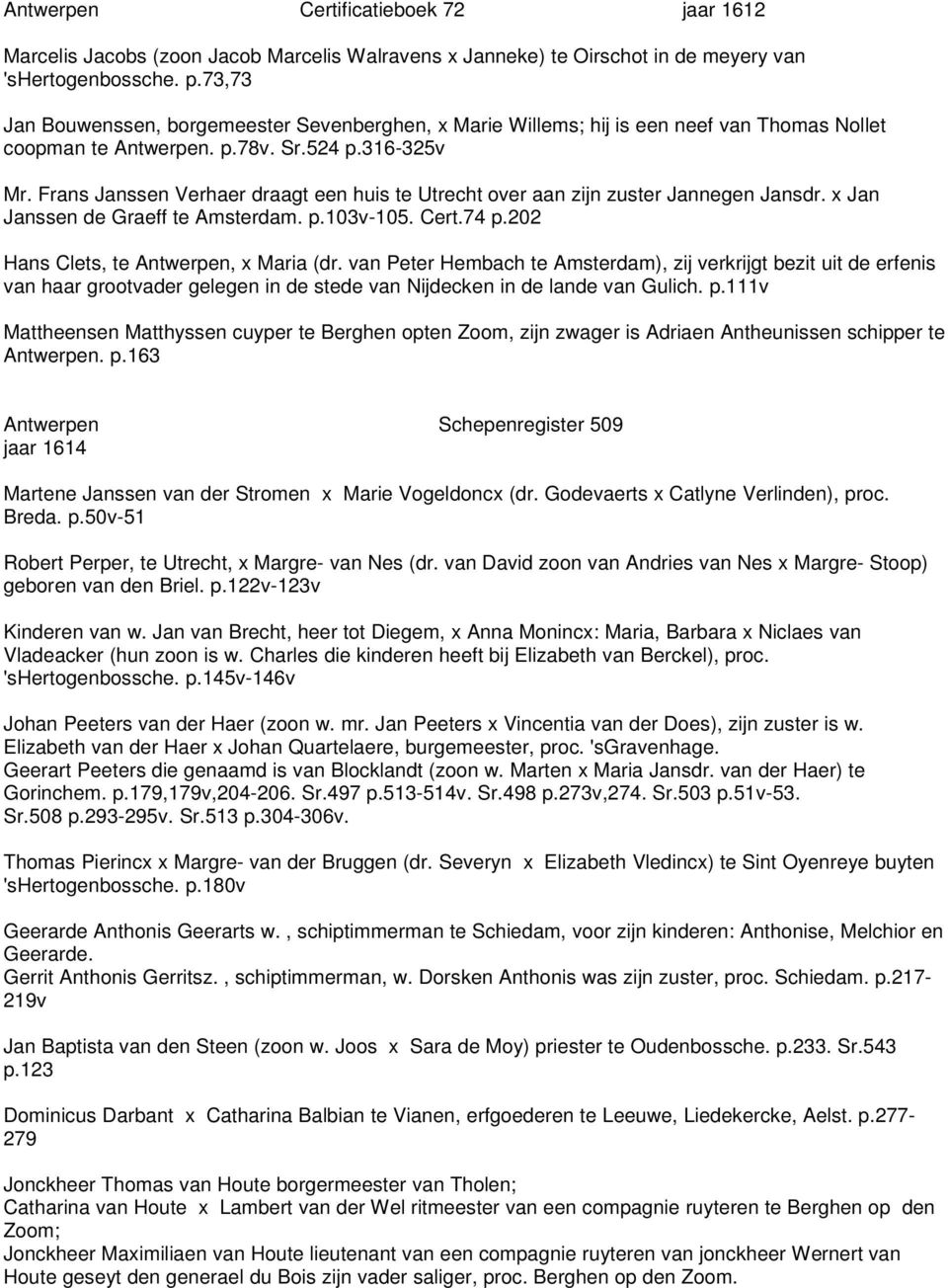 Frans Janssen Verhaer draagt een huis te Utrecht over aan zijn zuster Jannegen Jansdr. x Jan Janssen de Graeff te Amsterdam. p.103v-105. Cert.74 p.202 Hans Clets, te Antwerpen, x Maria (dr.