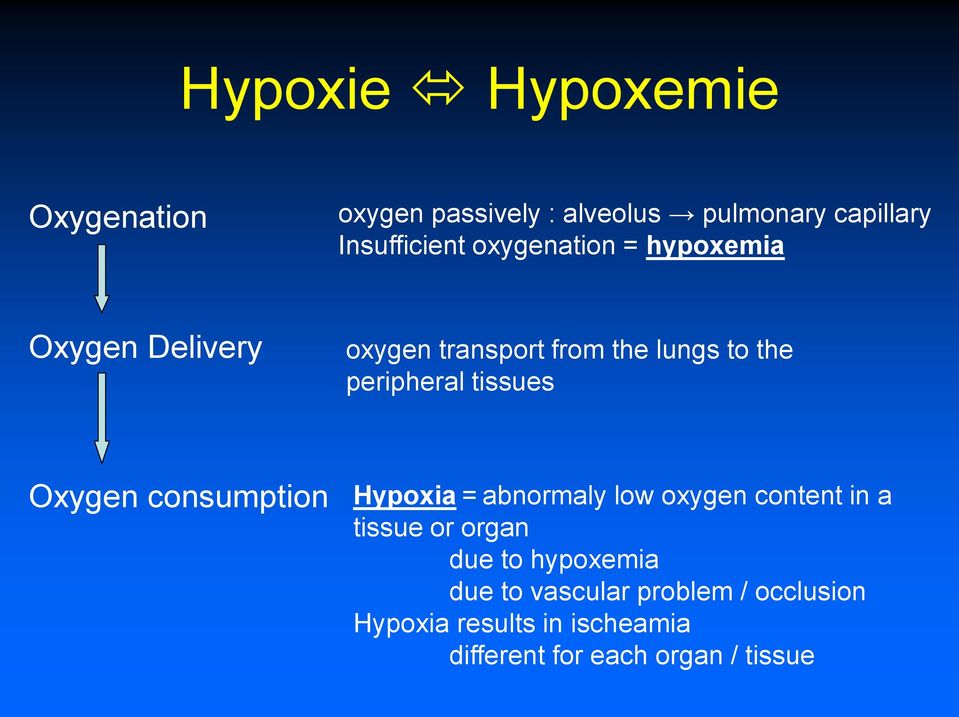 tissues Oxygen consumption Hypoxia = abnormaly low oxygen content in a tissue or organ due to