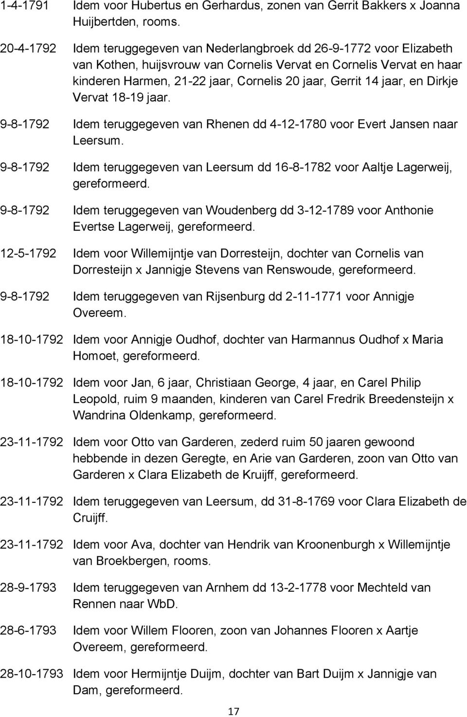 14 jaar, en Dirkje Vervat 18-19 jaar. 9-8-1792 Idem teruggegeven van Rhenen dd 4-12-1780 voor Evert Jansen naar Leersum.