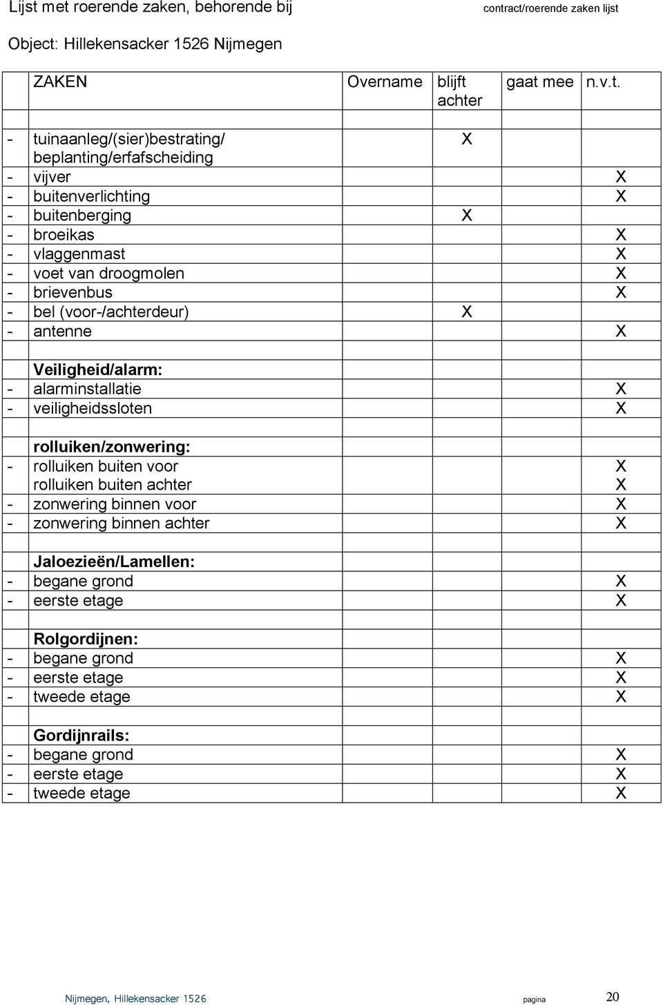 beplanting/erfafscheiding - vijver X - buitenverlichting X - buitenberging X - broeikas X - vlaggenmast X - voet van droogmolen X - brievenbus X - bel (voor-/achterdeur) X - antenne X