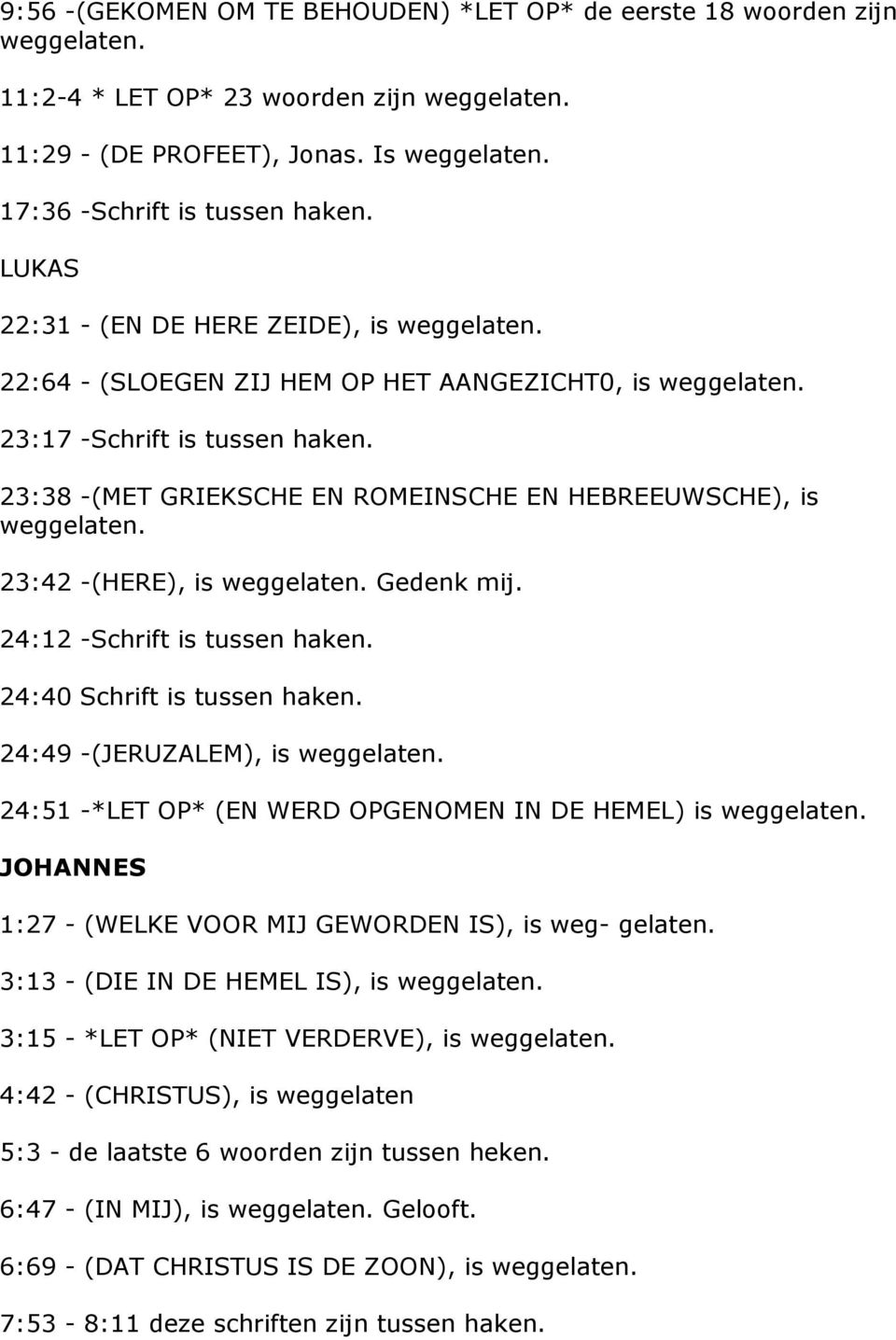 23:38 -(MET GRIEKSCHE EN ROMEINSCHE EN HEBREEUWSCHE), is 23:42 -(HERE), is Gedenk mij. 24:12 -Schrift is tussen haken. 24:40 Schrift is tussen haken.