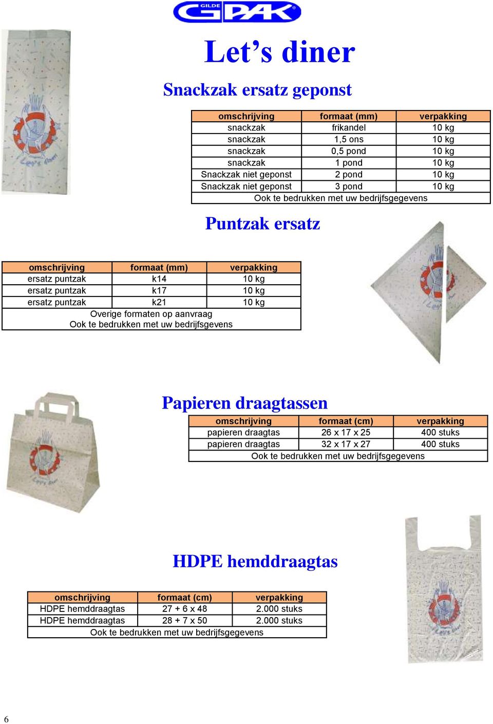 met uw bedrijfsgevens Papieren draagtassen omschrijving formaat (cm) verpakking papieren draagtas 26 x 17 x 25 400 stuks papieren draagtas 32 x 17 x 27 400 stuks Ook te bedrukken met uw