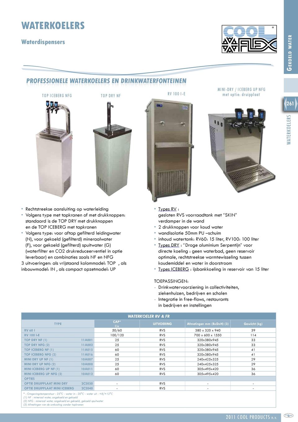 aftap gefilterd leidingwater (N), voor gekoeld (gefilterd) mineraalwater (F), voor gekoeld (gefilterd) spuitwater (G) (waterfilter en CO2 drukreduceerventiel in optie leverbaar) en combinaties zoals