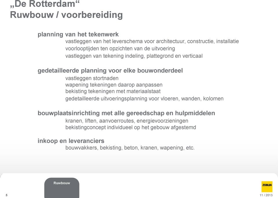 tekeningen met materiaalstaat gedetailleerde uitvoeringsplanning voor vloeren, wanden, kolomen bouwplaatsinrichting met alle gereedschap en hulpmiddelen kranen, liften,