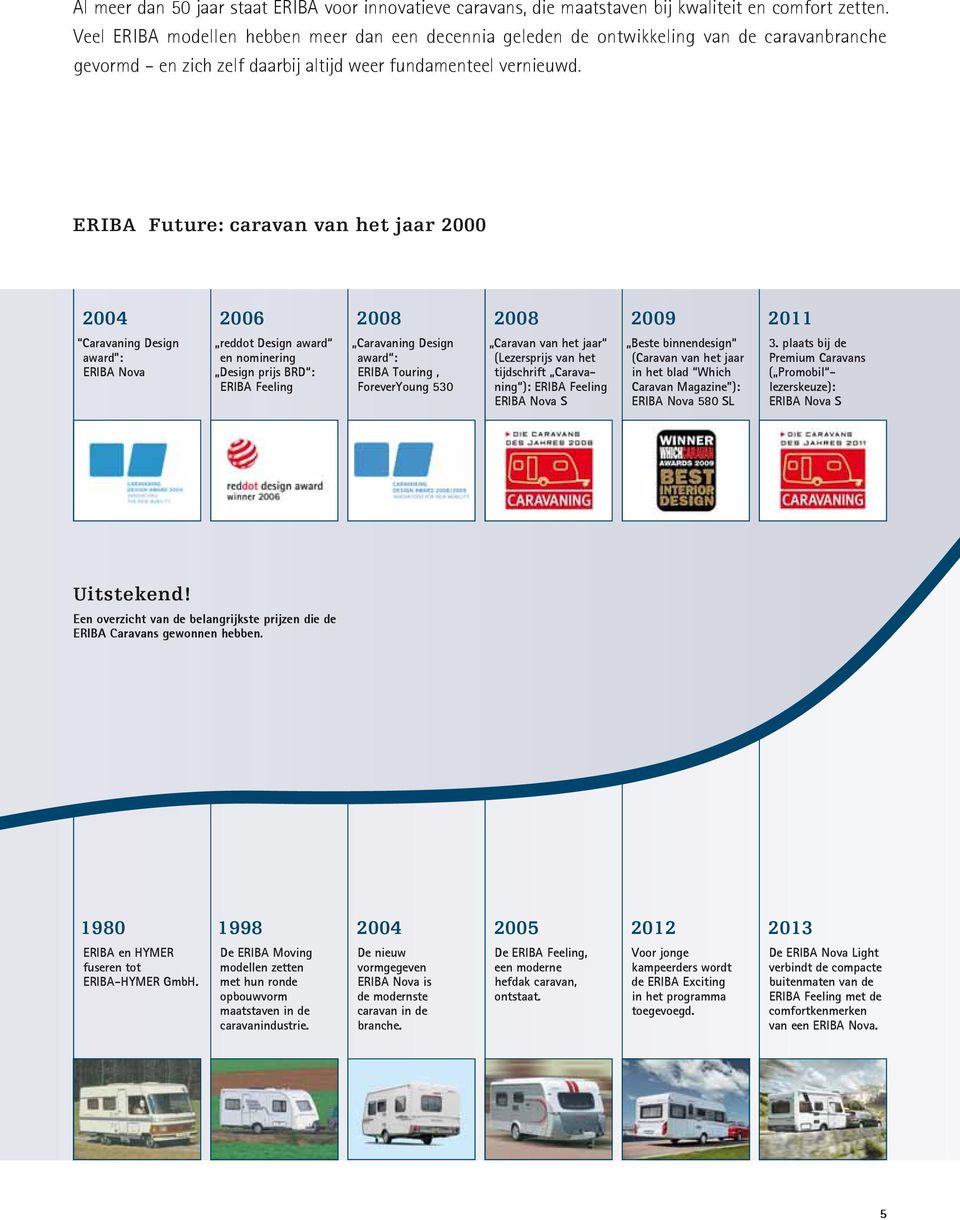 ERIBA Future: caravan van het jaar 2000 2004 2006 2008 2008 2009 2011 Caravaning Design award : ERIBA Nova reddot Design award en nominering Design prijs BRD : ERIBA Feeling Caravaning Design award :