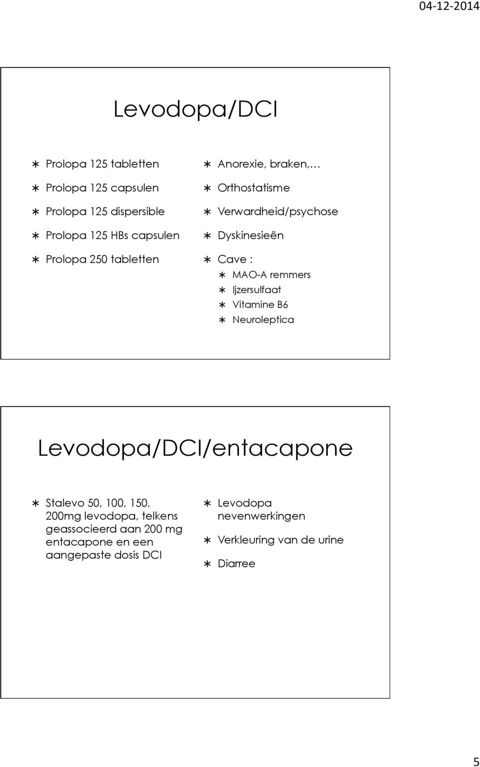 Ijzersulfaat Vitamine B6 Neuroleptica Levodopa/DCI/entacapone Stalevo 50, 100, 150, 200mg levodopa, telkens