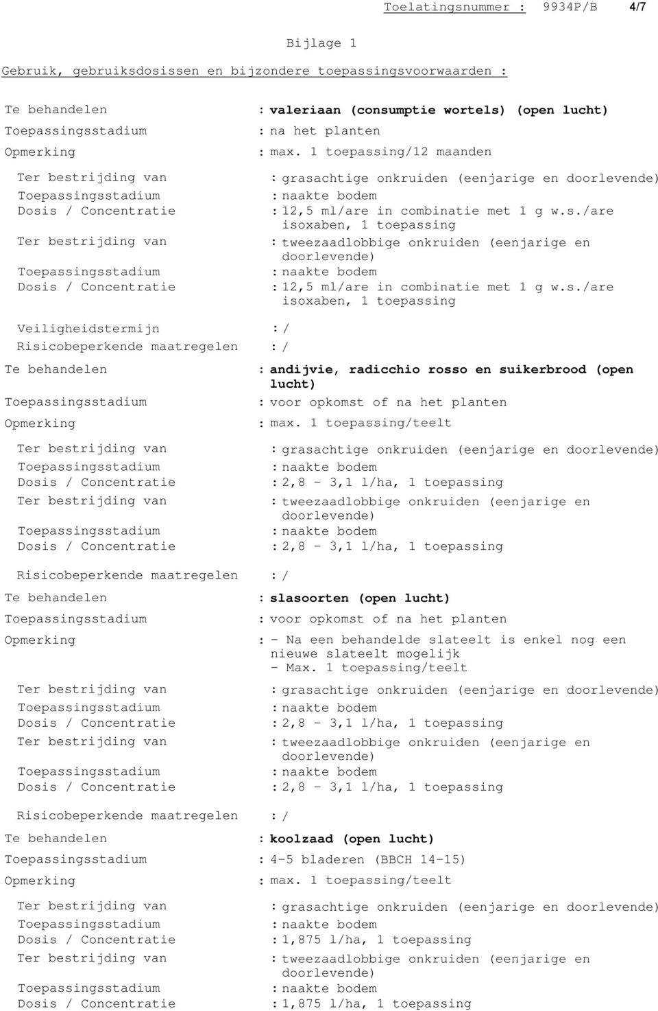 s./are isoxaben, 1 toepassing Veiligheidstermijn : / Te behandelen : andijvie, radicchio rosso en suikerbrood (open lucht) : voor opkomst of na het planten Opmerking : max.