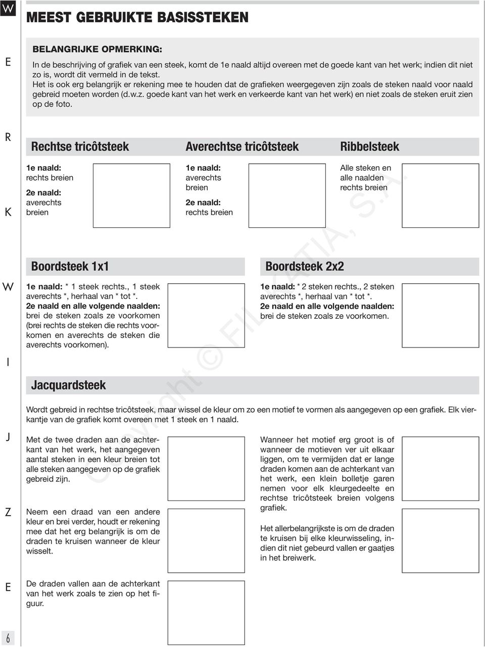 echtse tricôtsteek 1e naald: rechts breien 2e naald: averechts breien Boordsteek 1x1 1e naald: * 1 steek rechts., 1 steek averechts *, herhaal van * tot *.