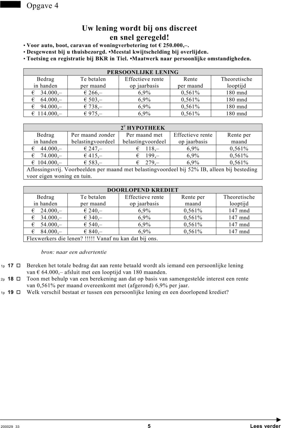 PERSOONLIJKE LENING Bedrag in handen Te betalen per maand Effectieve rente op jaarbasis Rente per maand Theoretische looptijd 34.000, 266, 6,9% 0,561% 180 mnd 64.000, 503, 6,9% 0,561% 180 mnd 94.