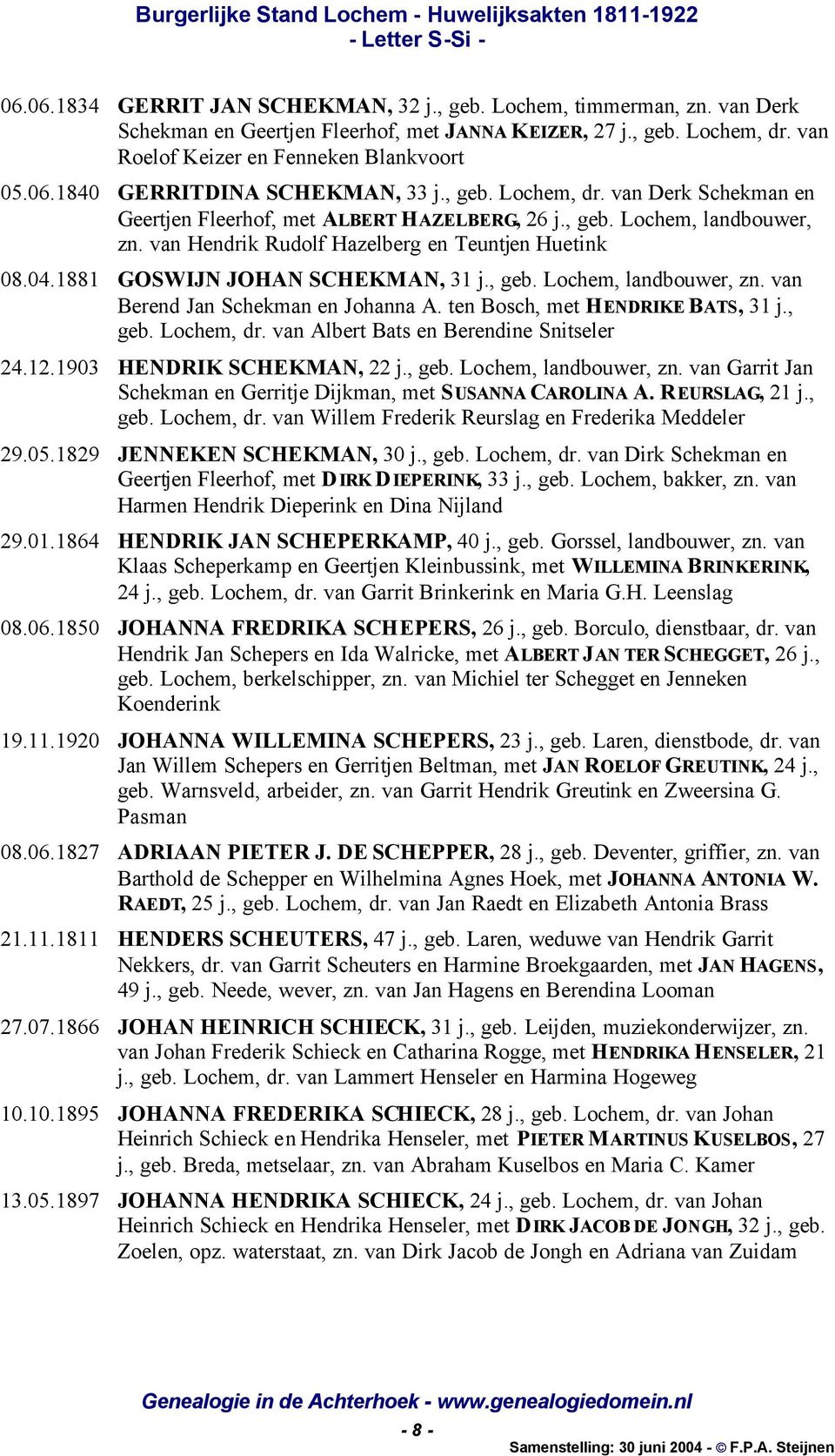 1881 GOSWIJN JOHAN SCHEKMAN, 31 j., geb. Lochem, landbouwer, zn. van Berend Jan Schekman en Johanna A. ten Bosch, met HENDRIKE BATS, 31 j., geb. Lochem, dr. van Albert Bats en Berendine Snitseler 24.