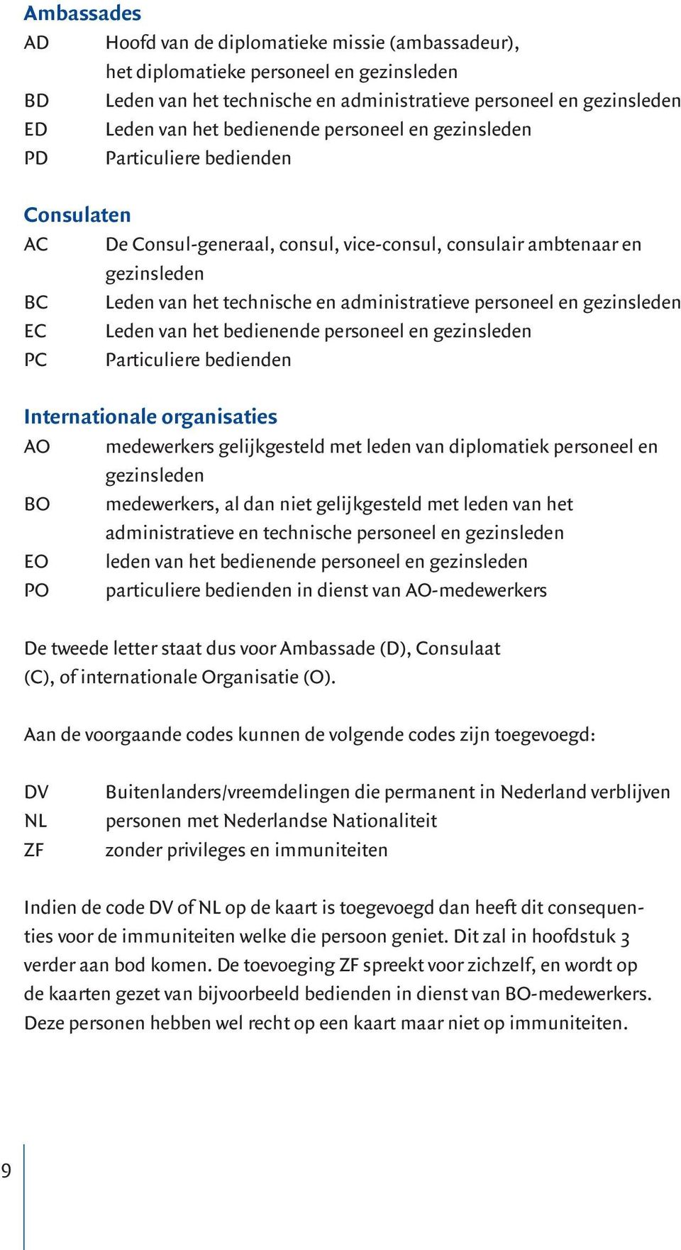 personeel en gezinsleden EC Leden van het bedienende personeel en gezinsleden PC Particuliere bedienden Internationale organisaties AO medewerkers gelijkgesteld met leden van diplomatiek personeel en