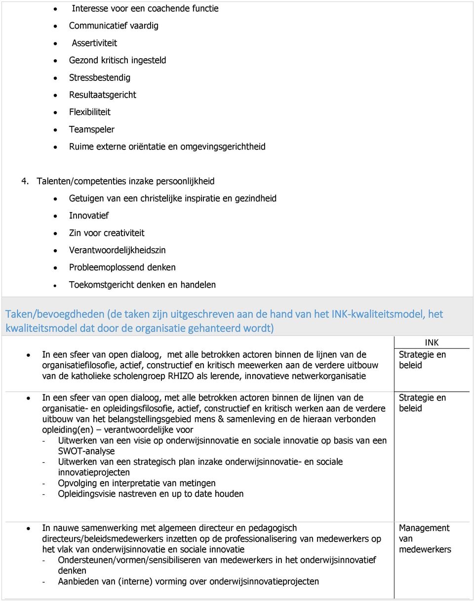 Talenten/competenties inzake persoonlijkheid Getuigen van een christelijke inspiratie en gezindheid Innovatief Zin voor creativiteit Verantwoordelijkheidszin Probleemoplossend denken Toekomstgericht