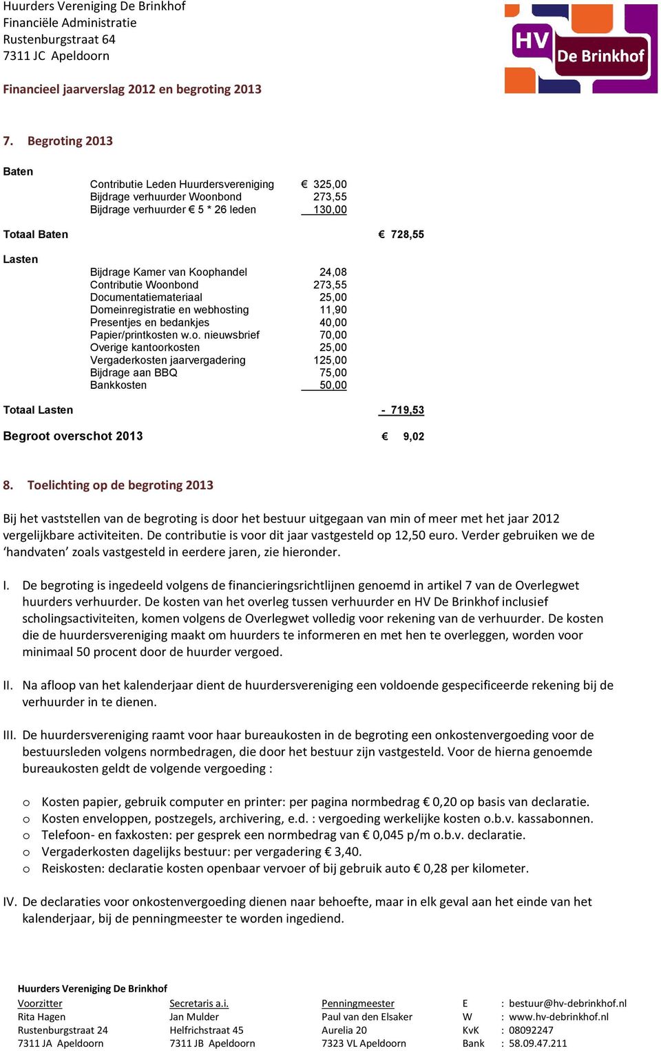 Toelichting op de begroting 2013 Bij het vaststellen van de begroting is door het bestuur uitgegaan van min of meer met het jaar 2012 vergelijkbare activiteiten.