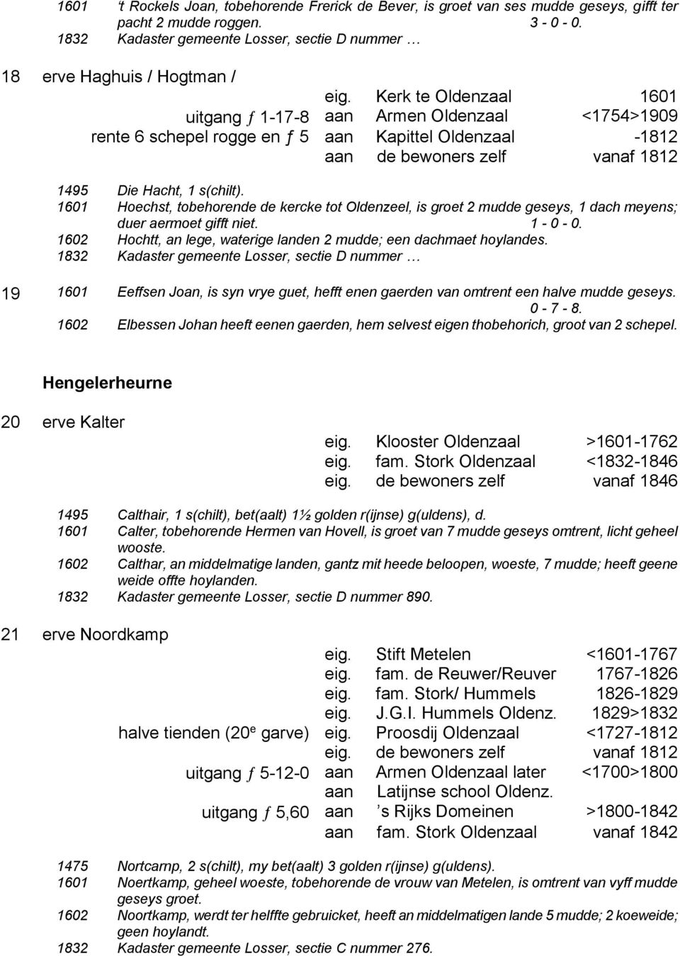 Kerk te Oldenzaal 1601 uitgang 1-17-8 aan Armen Oldenzaal <1754>1909 rente 6 schepel rogge en ƒ 5 aan Kapittel Oldenzaal -1812 aan de bewoners zelf vanaf 1812 1495 Die Hacht, 1 s(chilt).