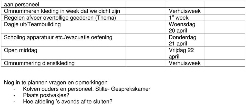 /evacuatie oefening Donderdag 21 april Open middag Vrijdag 22 april Omnummering dienstkleding Verhuisweek Nog