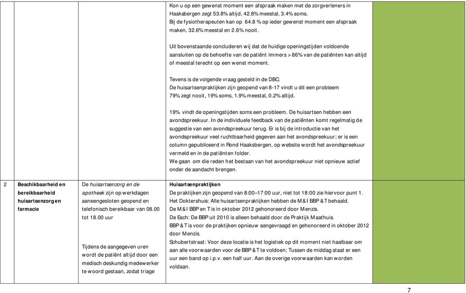 Uit bovenstaande concluderen wij dat de huidige openingstijden voldoende aansluiten op de behoefte van de patiënt immers > 86% van de patiënten kan altijd of meestal terecht op een wenst moment.