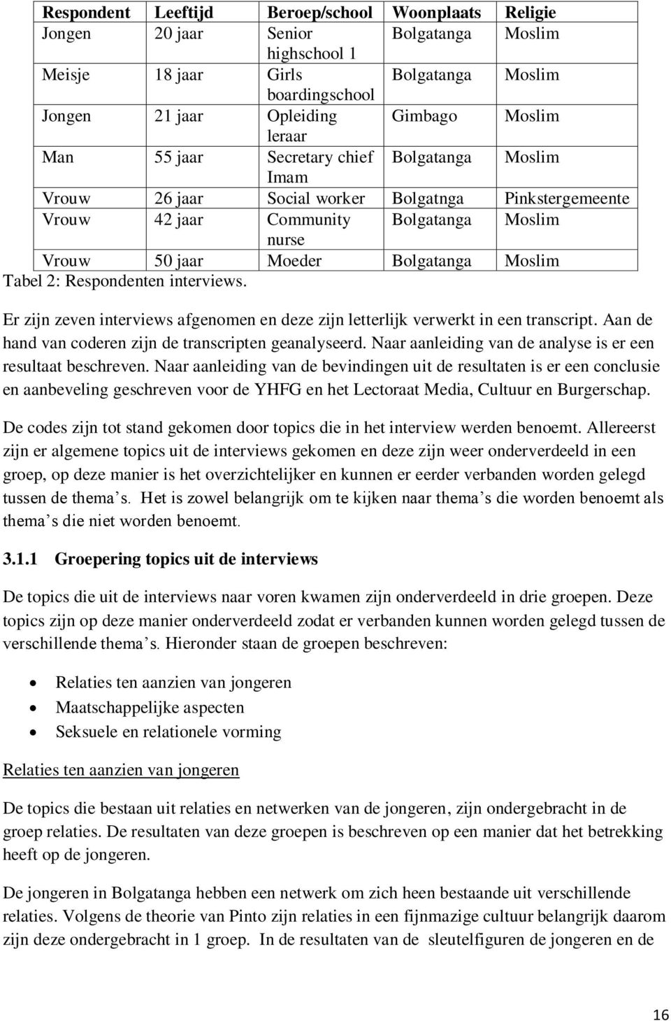 Tabel 2: Respondenten interviews. Er zijn zeven interviews afgenomen en deze zijn letterlijk verwerkt in een transcript. Aan de hand van coderen zijn de transcripten geanalyseerd.