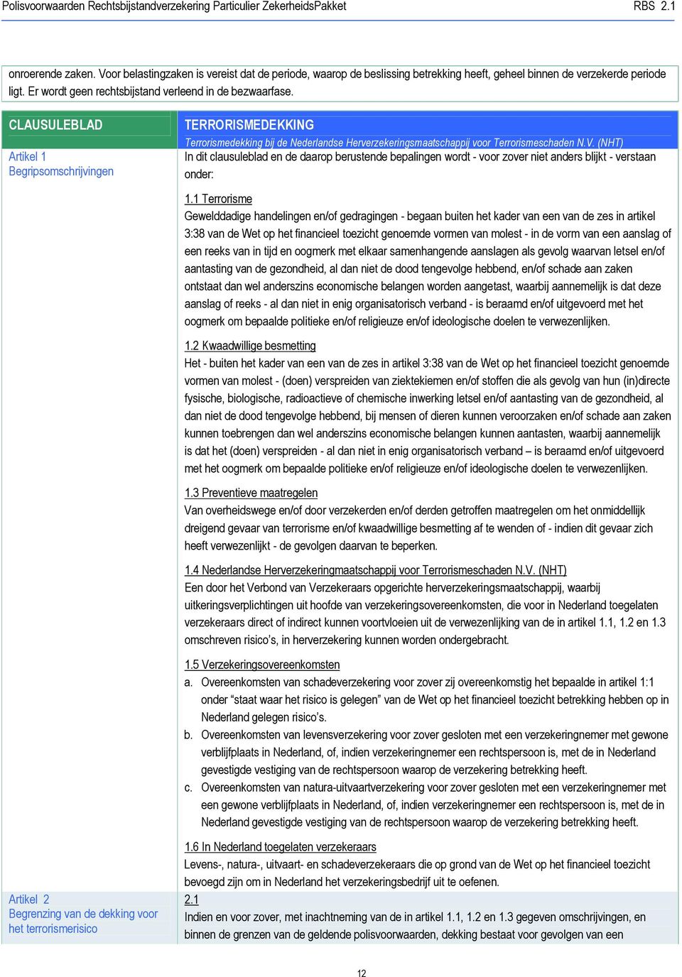 CLAUSULEBLAD Artikel 1 Begripsomschrijvingen TERRORISMEDEKKING Terrorismedekking bij de Nederlandse Herverzekeringsmaatschappij voor Terrorismeschaden N.V.