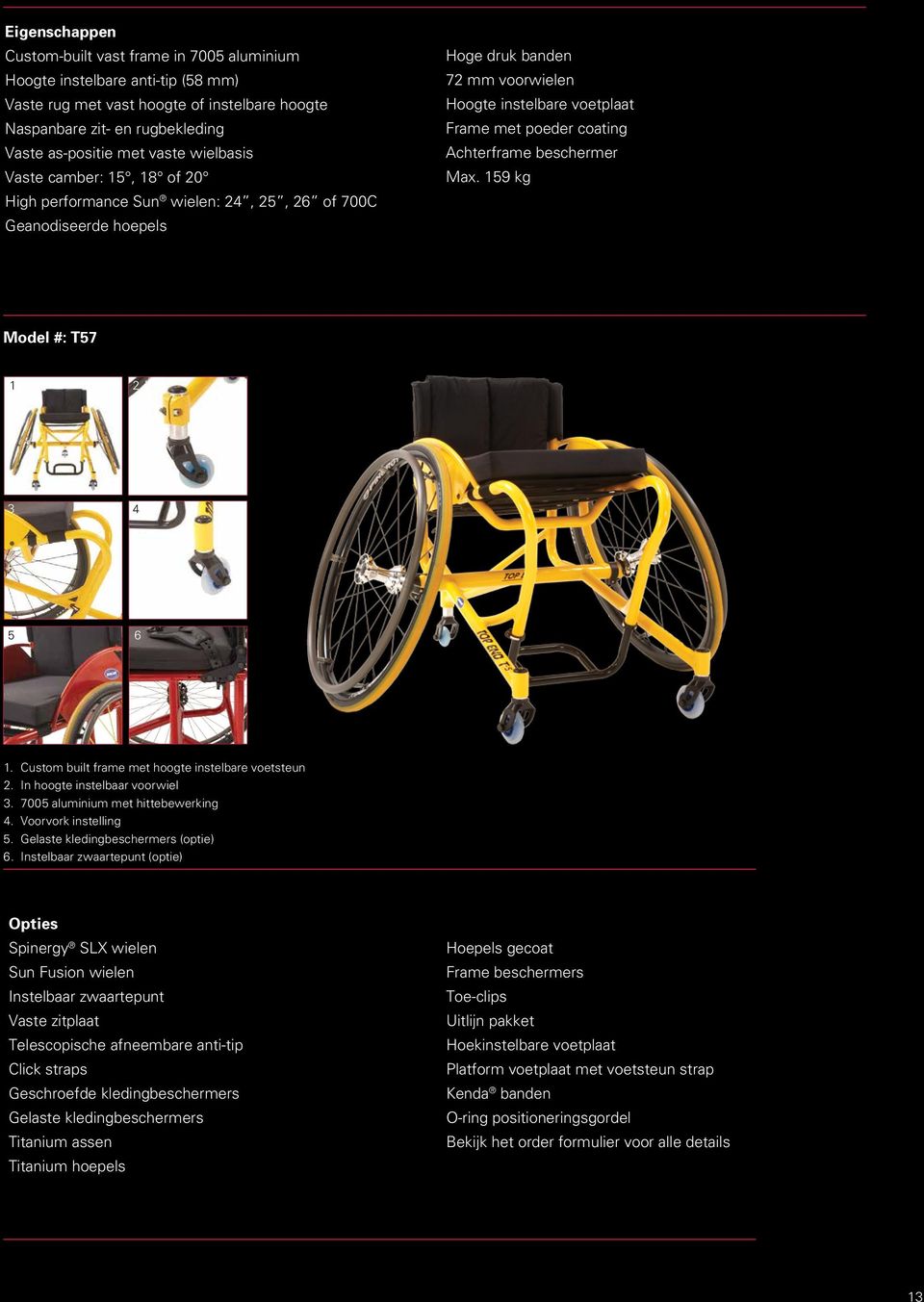 Achterframe beschermer Max. 159 kg Model #: T57 1 2 3 4 5 6 1. Custom built frame met hoogte instelbare voetsteun 2. In hoogte instelbaar voorwiel 3. 7005 aluminium met hittebewerking 4.