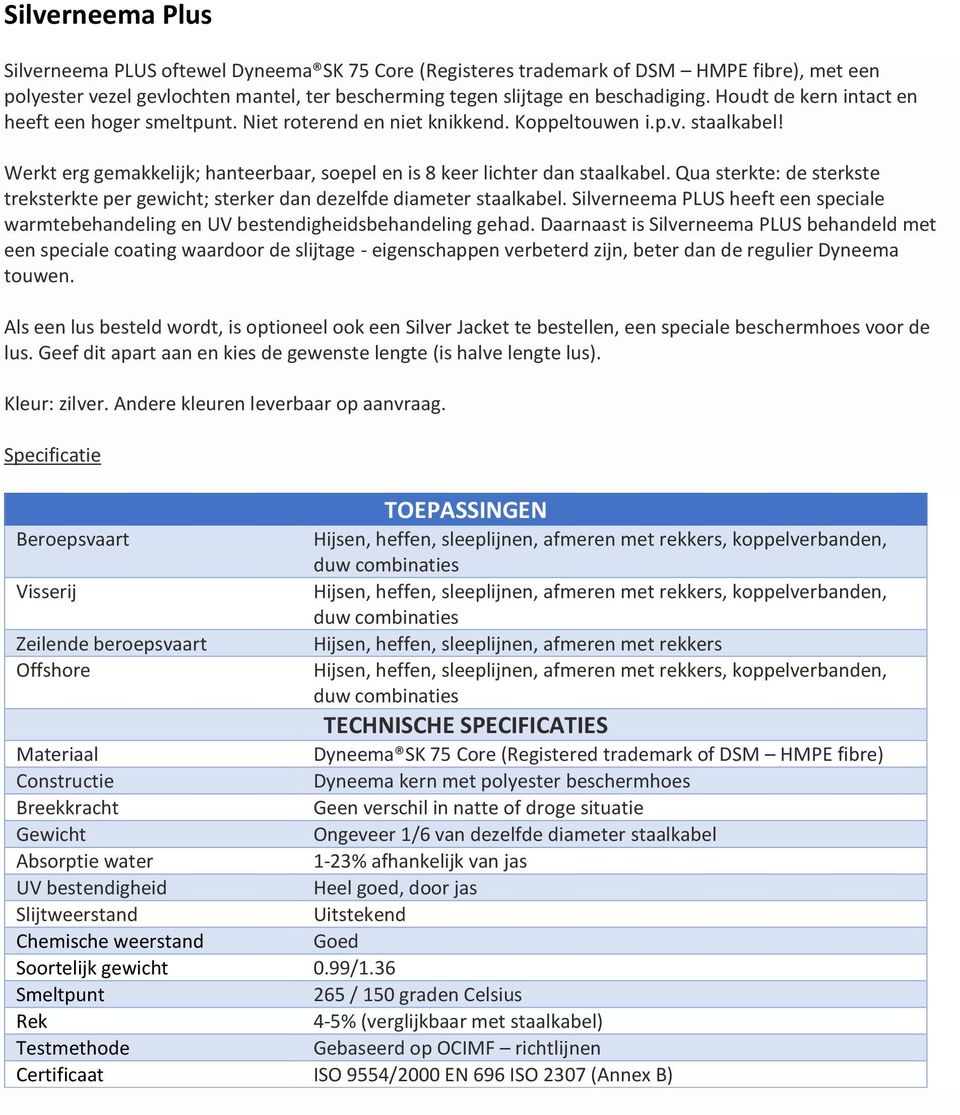 Qua sterkte: de sterkste treksterkte per gewicht; sterker dan dezelfde diameter staalkabel. Silverneema PLUS heeft een speciale warmtebehandeling en UV bestendigheidsbehandeling gehad.